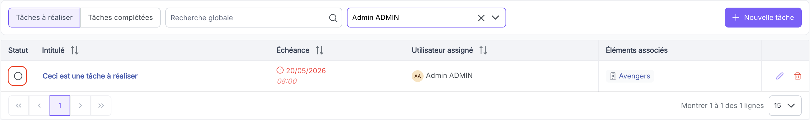 Changement de statut d'une tâche sur la liste
