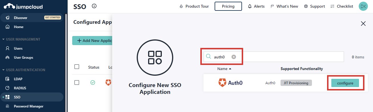 The JumpCloud platform Configure New SSO Application screen highlighting auth0 and configure