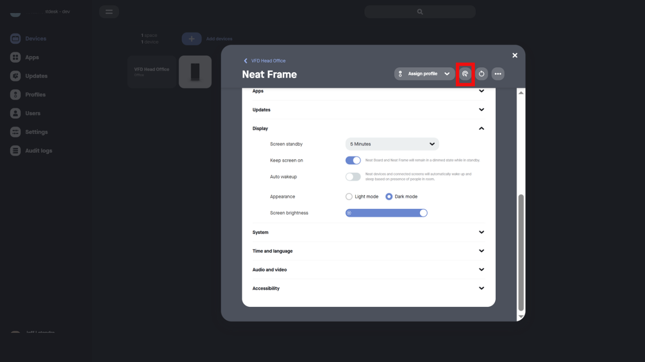 Open remote control from the device page