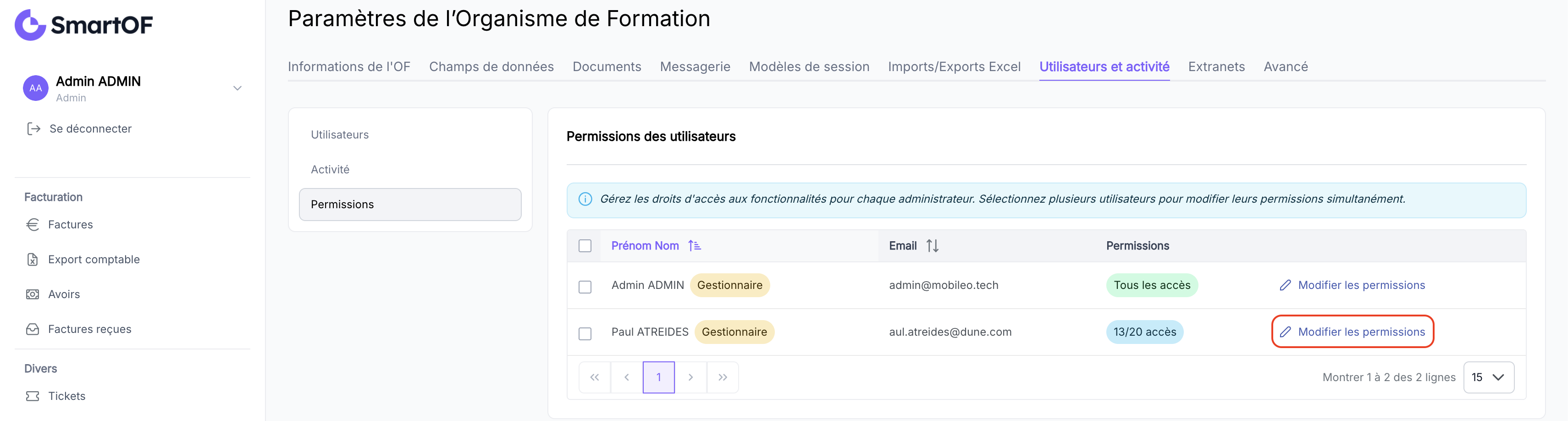 Bouton Permissions sur la ligne d'un utilisateur