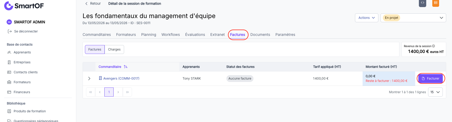 Onglet Factures d'une session avec le bouton Facturer sur la ligne d'un commanditaire