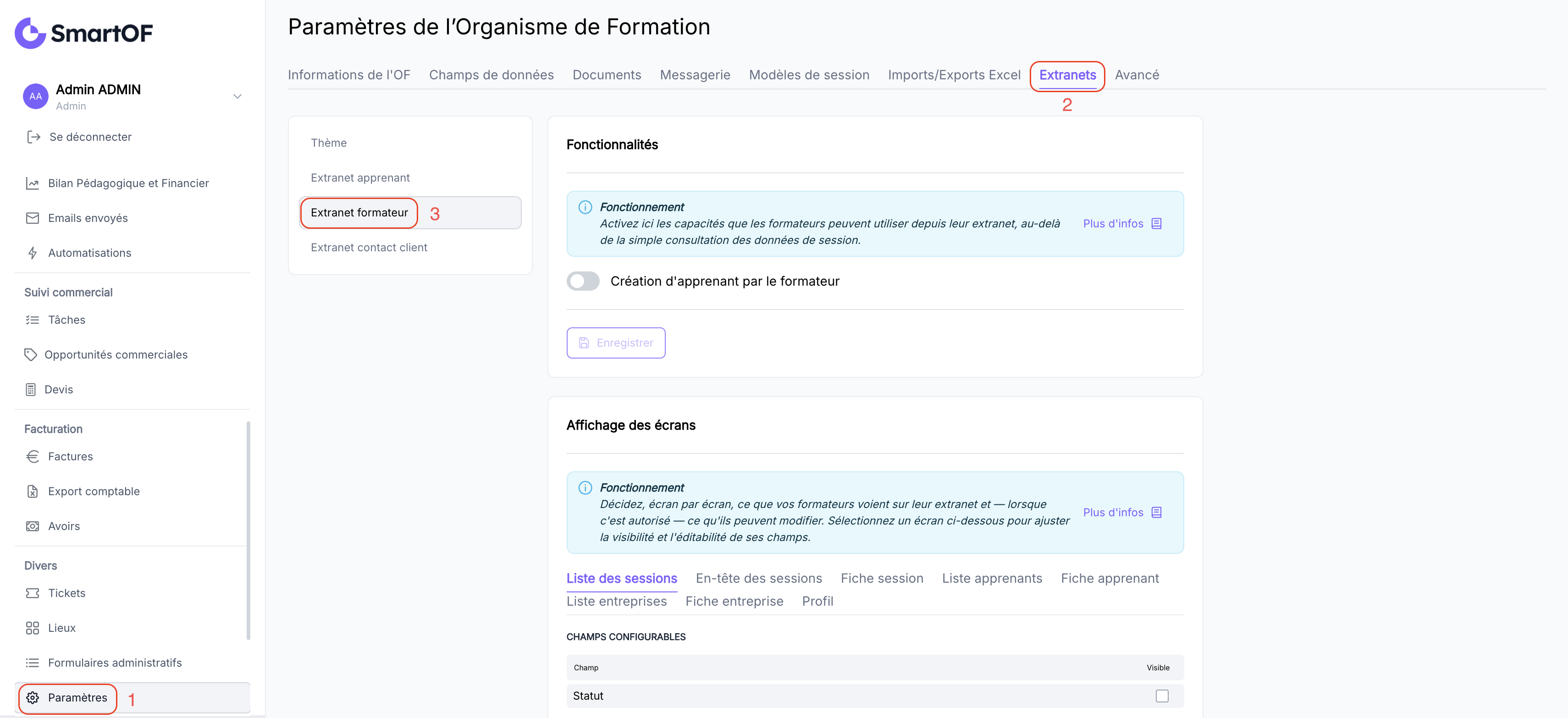 Section Personnalisation des Extranets, onglet Extranet formateur