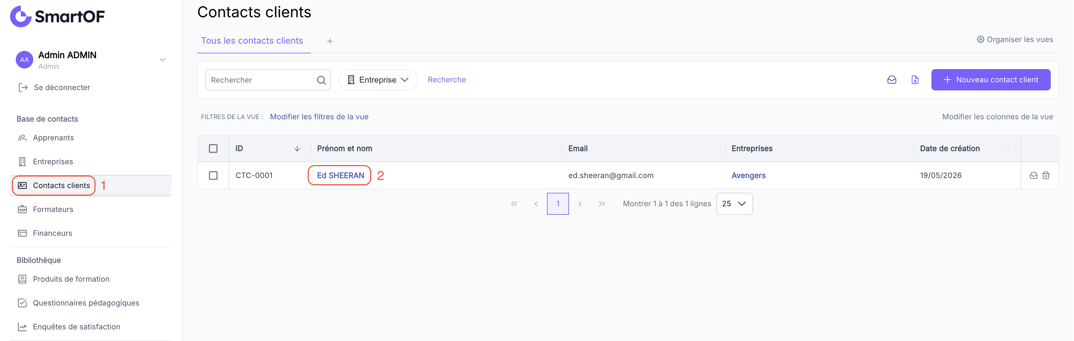 Liste des contacts clients avec barre de recherche