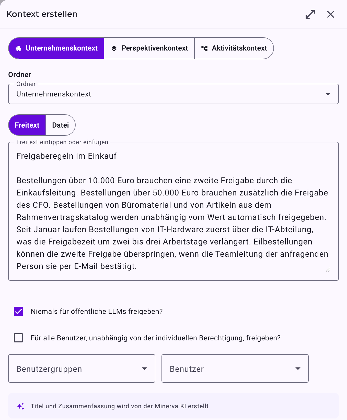 Der Bereich Kontext erstellen für Unternehmenskontext mit einem Textfeld