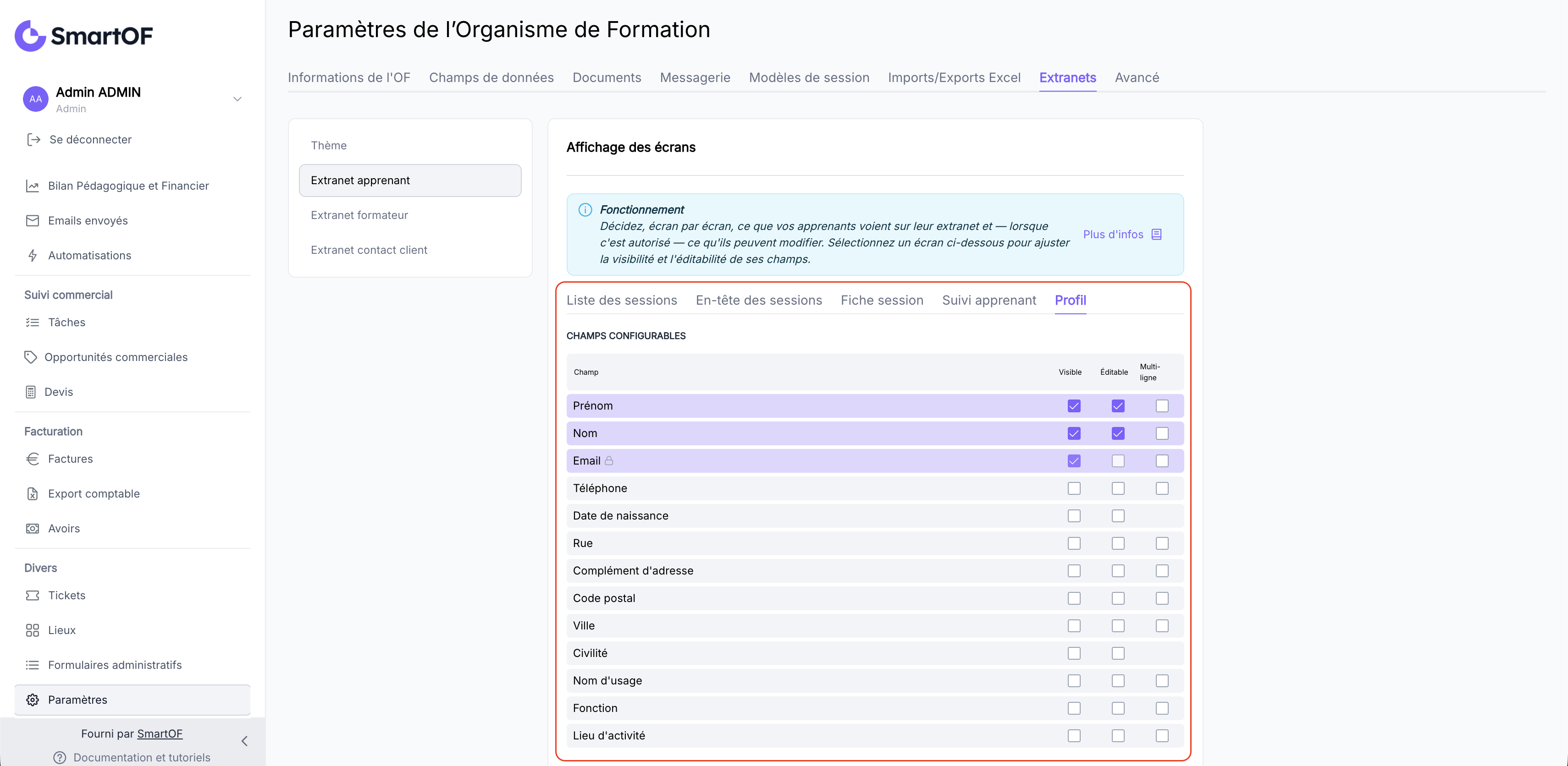 Liste des champs paramétrables avec leurs cases Visible, Editable et Multi-ligne