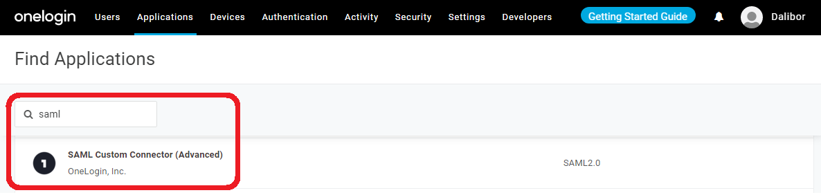 The One Login Find Applications page with saml being searched