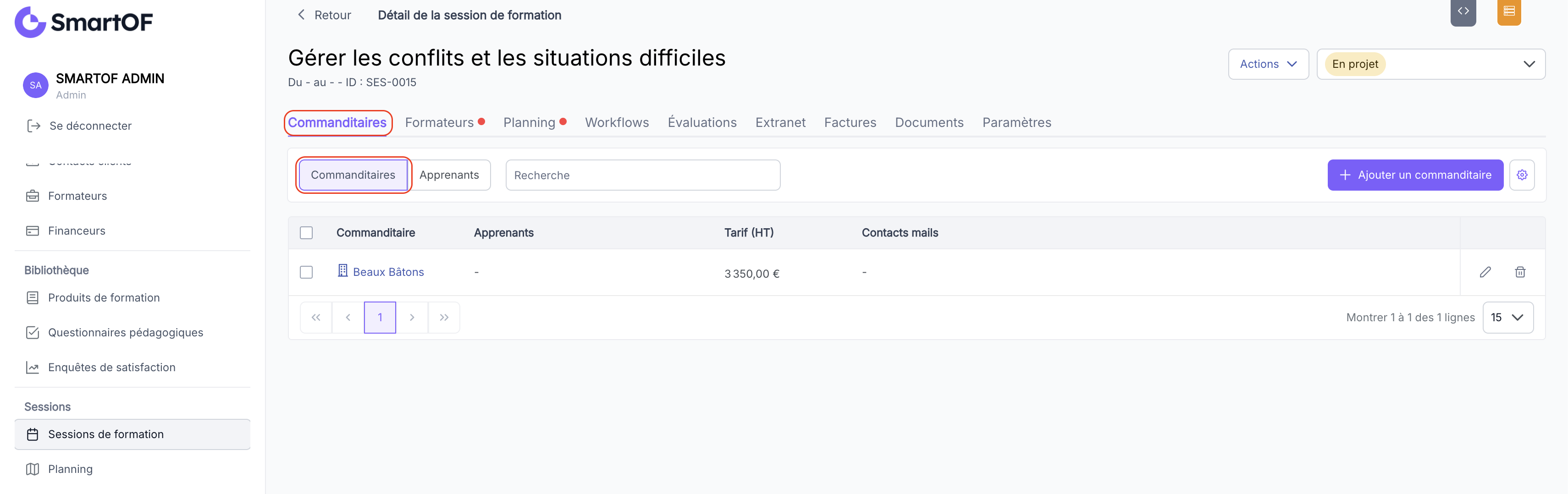 Onglet Commanditaires vide sur la fiche session