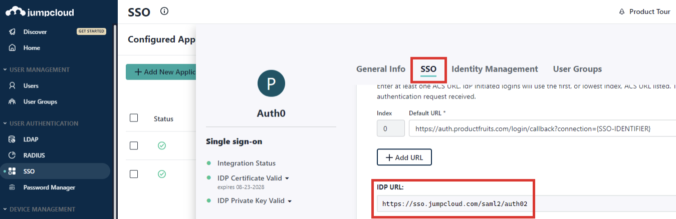 The JumpCloud platform SSO screen highlighting IDP URL