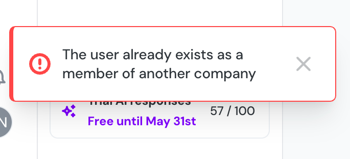 Error message stating: The user already exists as a member of another company