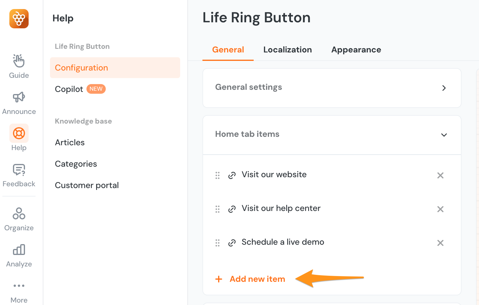 the Life Ring Configuration page pointing to the Add new Item option