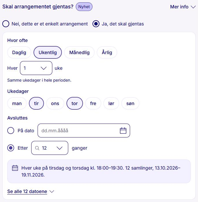 Steg 1 (Når) med gjentakelse hver uke på tirsdag og torsdag, 12 ganger