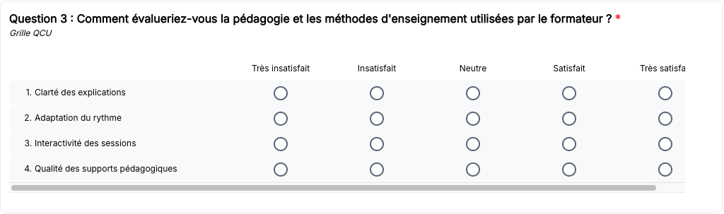 {À CAPTURER} — Aperçu d'une question de type "Grille QCU" dans le formulaire apprenant