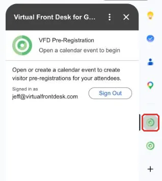 The Virtual Front Desk add-on in the Google Calendar side panel