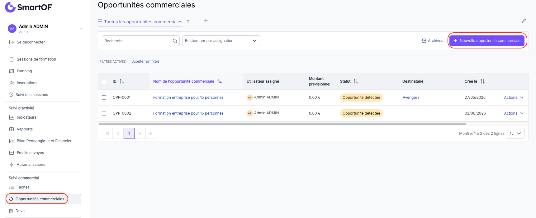 Bouton Nouvelle opportunité commerciale sur la page Opportunités