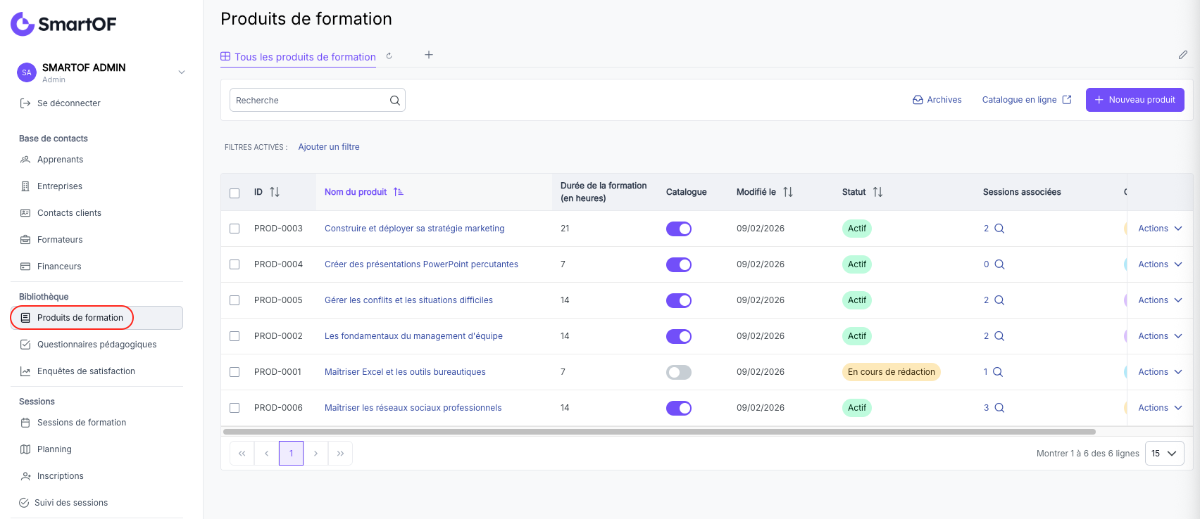 Liste des produits de formation, entrée Produits de formation dans le menu latéral
