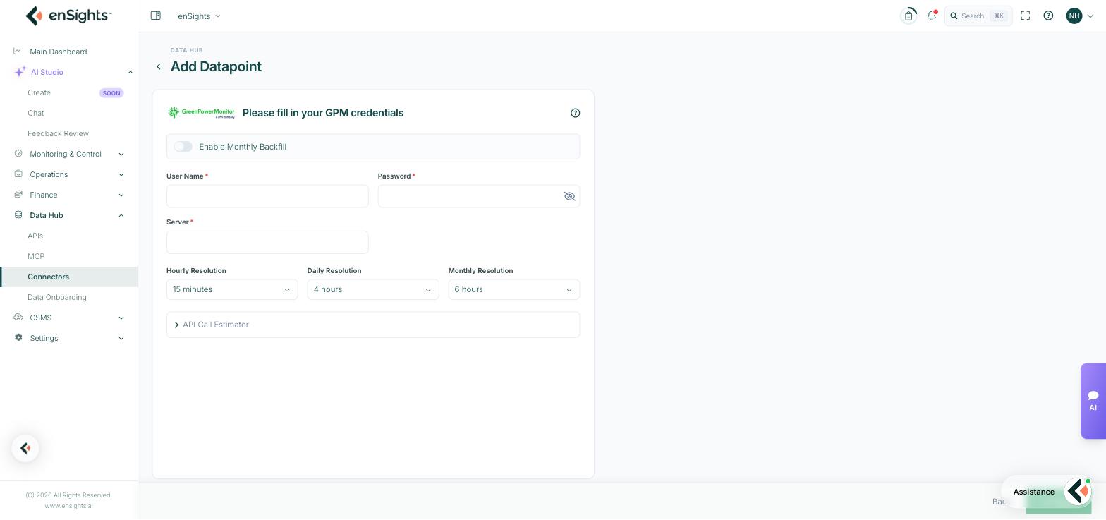 A vendor credential form: an Enable Monthly Backfill toggle, required User Name, Password and Server fields, and Hourly, Daily and Monthly Resolution selectors above the collapsed API Call Estimator.