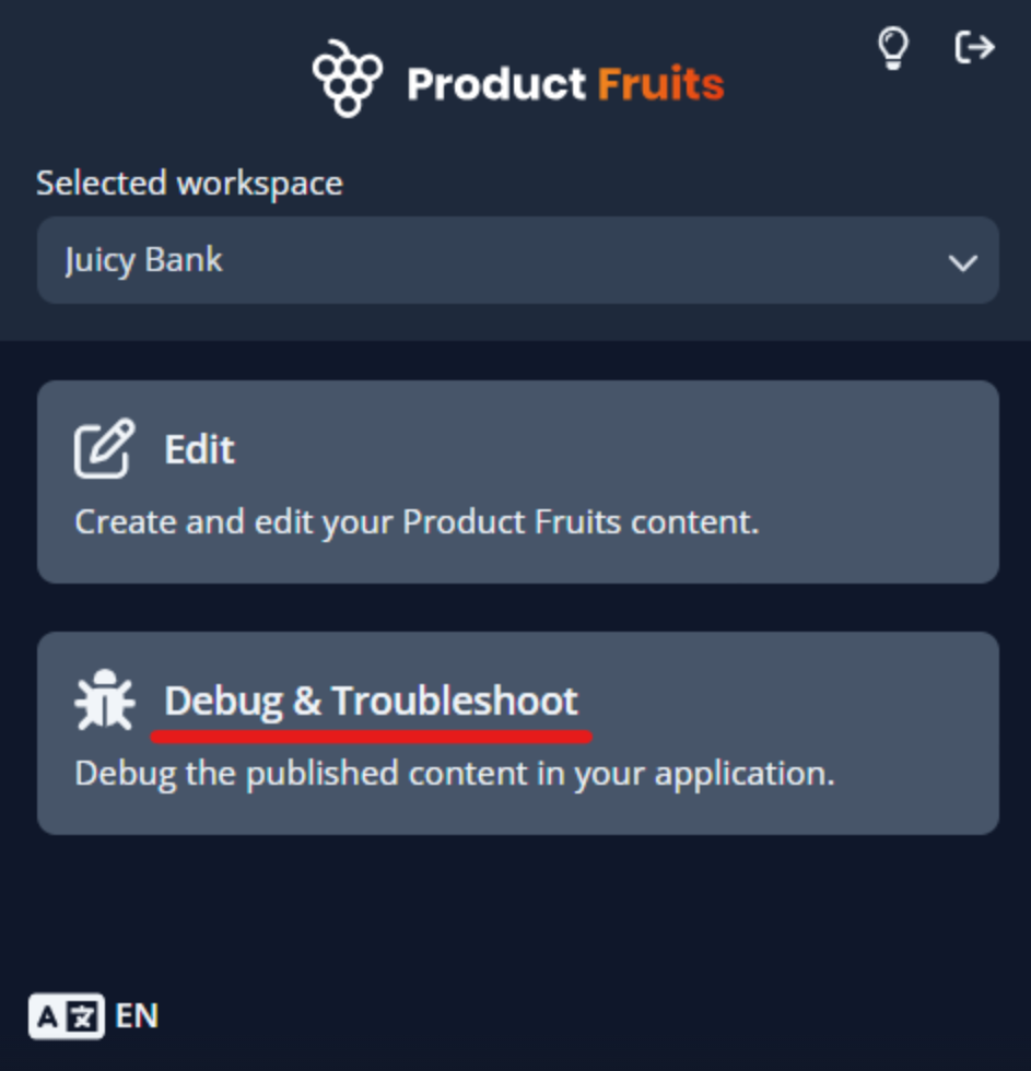 The Product Fruits Chrome Extension highlighting the Debug and Troubleshoot option