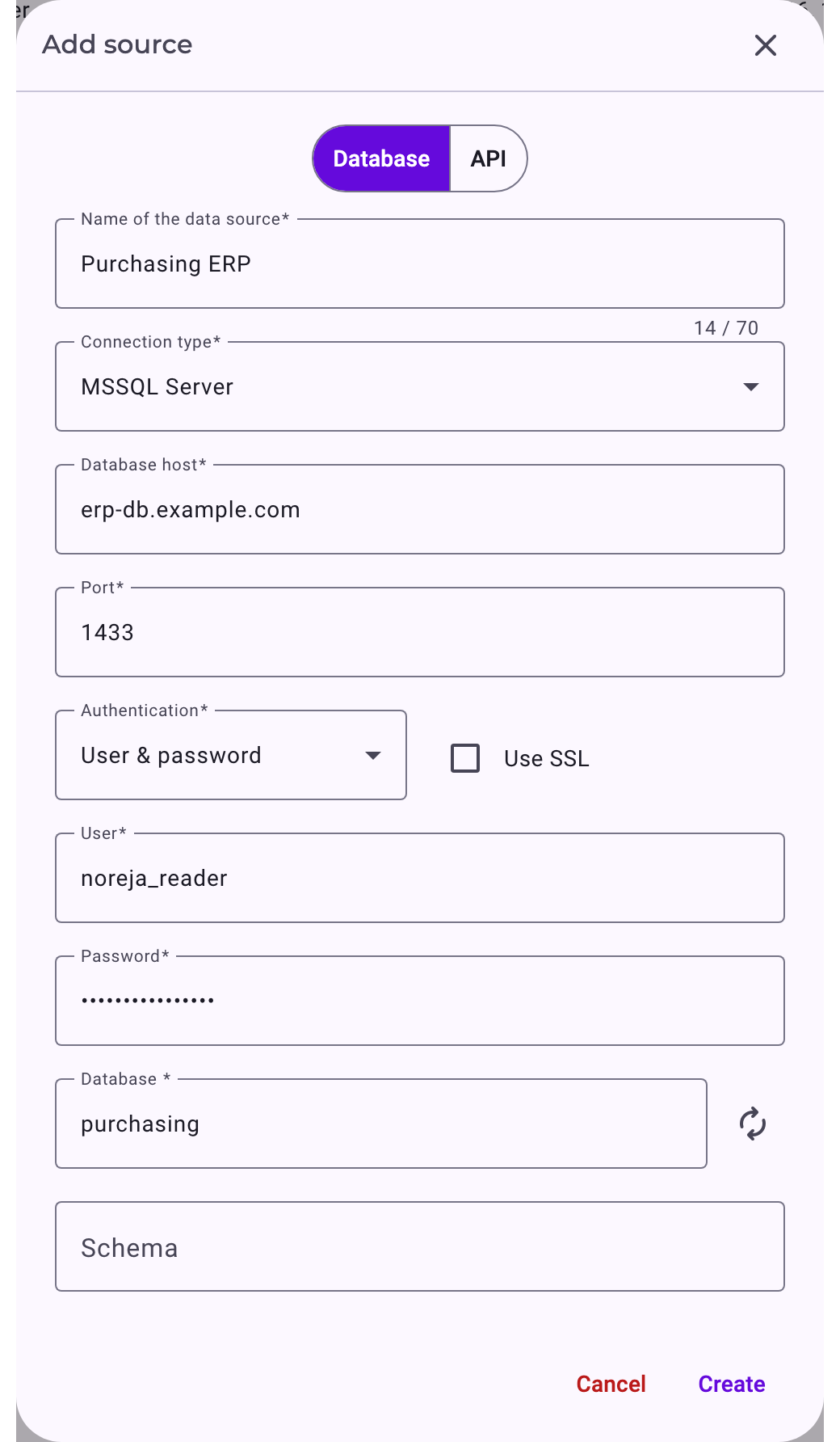 The dialog Add source for a database: name Purchasing ERP, connection type MSSQL Server, host erp-db.example.com, port 1433, User & password, user noreja_reader, database purchasing and an empty Schema field