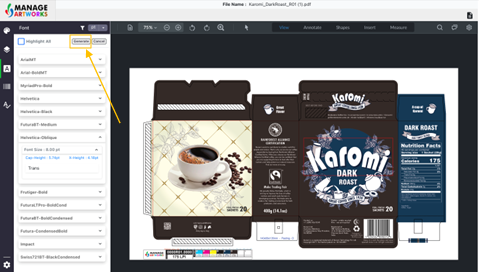 Manually generate font details on packaging artwork