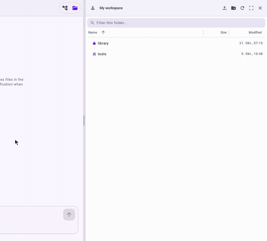 The file supplier-deliveries.csv is dragged from the conversation onto the workspace panel, which shows Drop files here to upload; after the drop it appears in My workspace with the message 1 file uploaded.