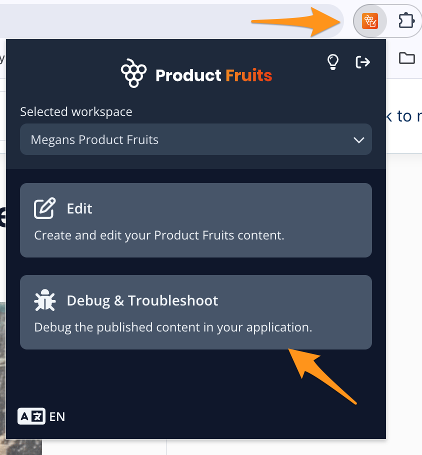 A picture of the Product Fruits Debugger pointing to the extension puzzle piece on a browser and the Debug and Troubleshoot option