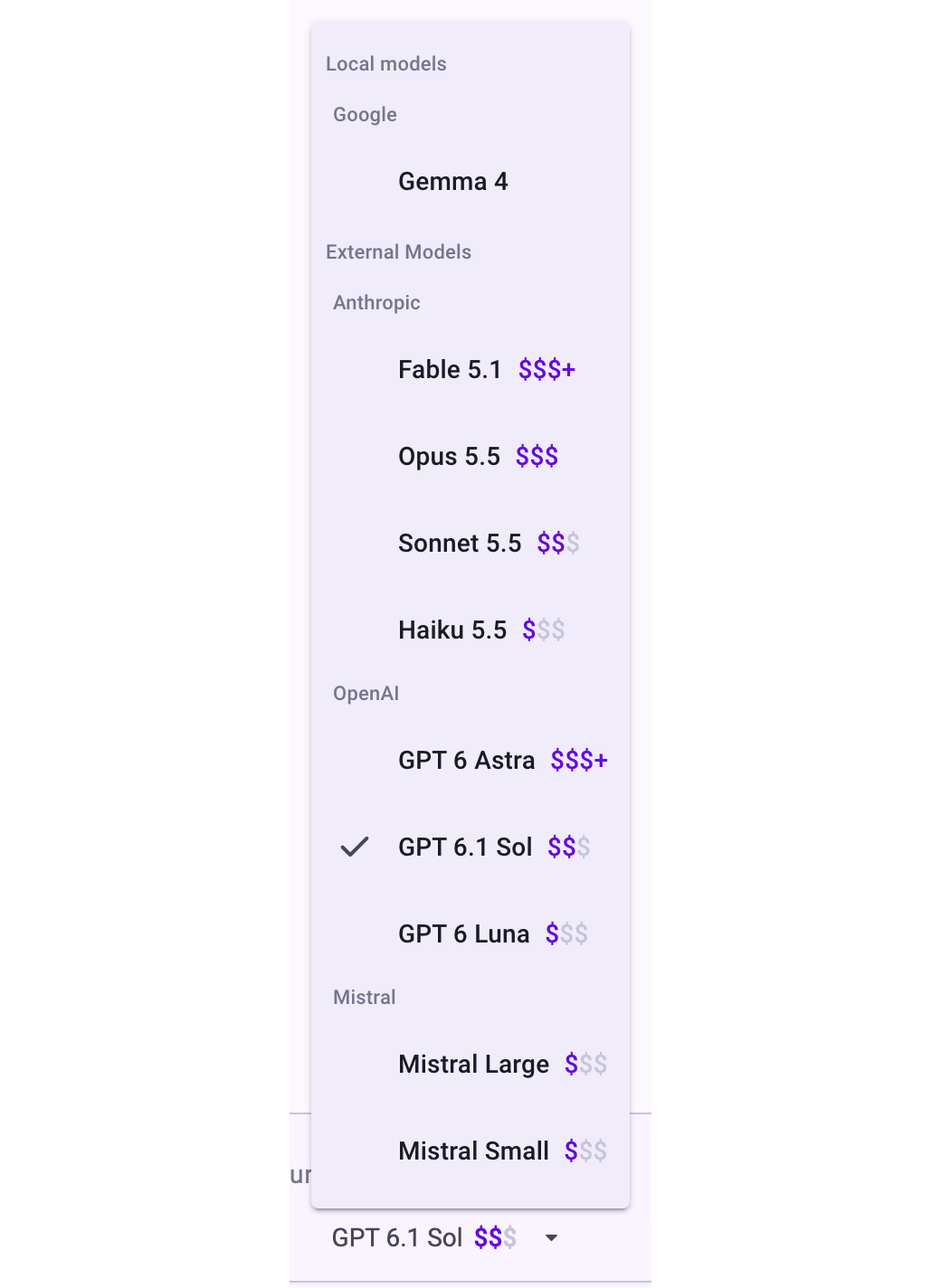 The model menu with the local model Gemma 4 and the external models of Anthropic, OpenAI and Mistral, each with its price range from one to three dollar signs, two of them with a plus