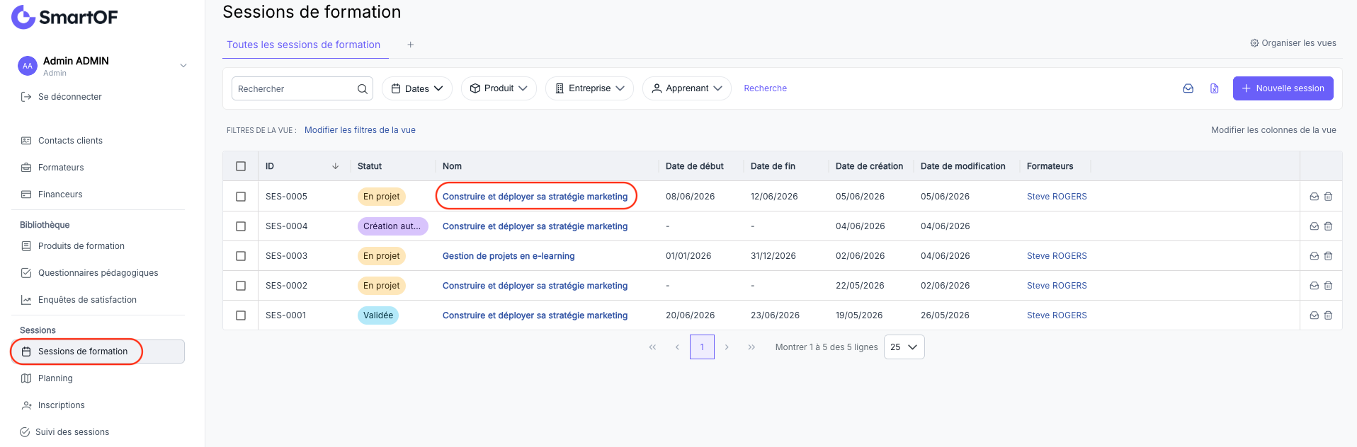 Liste des sessions de formation