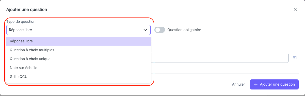 Sélection du type de question