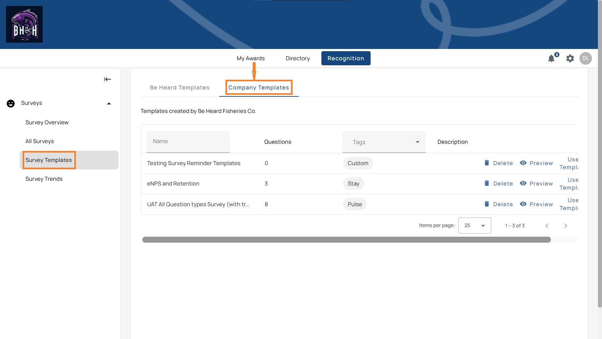 Company templates page.