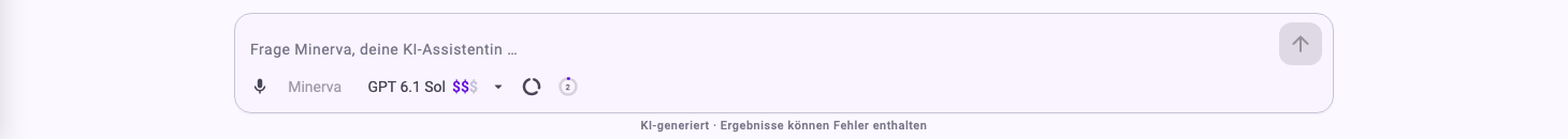 Das Eingabefeld während eines Chats mit dem Mikrofon, dem festgelegten Agenten Minerva, dem Modell mit seiner Preisklasse, der Schaltfläche für den Token-Verbrauch und der Kontextanzeige