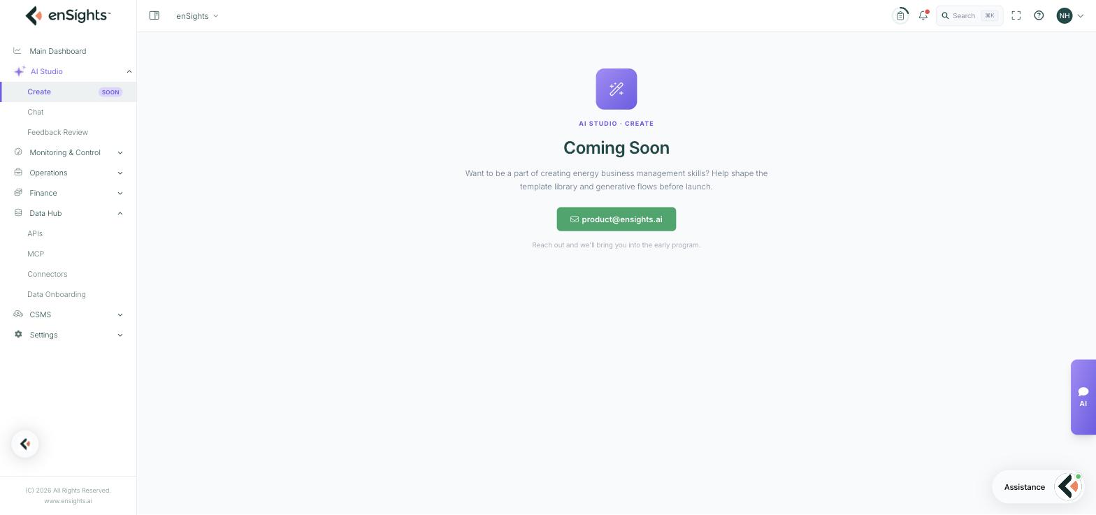 The AI Studio Create page showing a Coming Soon message, an invitation to help shape the template library and generative flows before launch, and a contact button for the early-access programme.