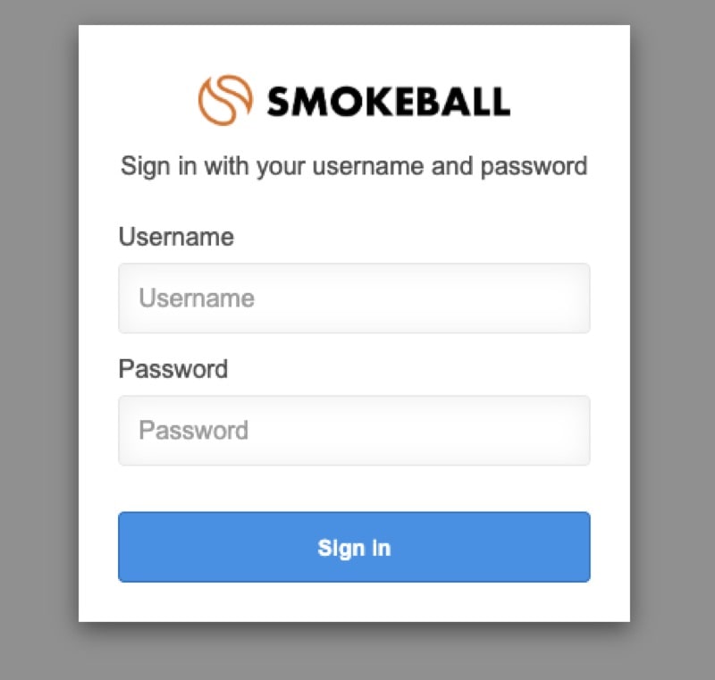 The Smokeball login page shown during triConvey authentication, with email and password fields