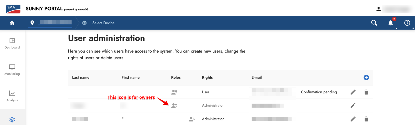 Sunny Portal user administration list showing the owner icon