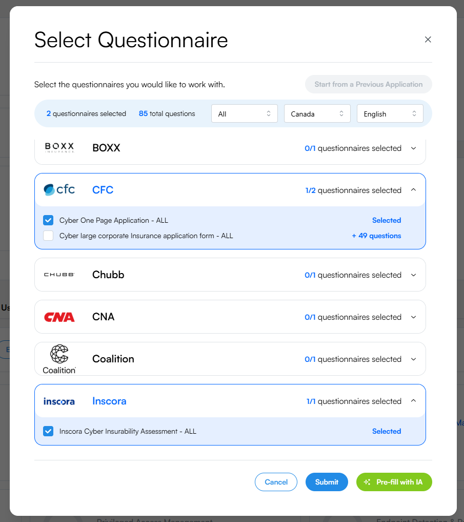 Select Questionnaire modal with CFC expanded showing two questionnaires (one selected, one showing +49 questions), and Inscora expanded with its Cyber Insurability Assessment selected. The counter at the top reads 2 questionnaires selected, 85 total questions.