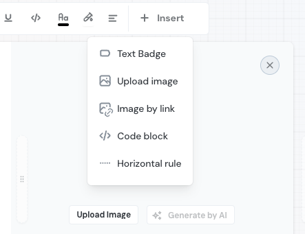 The insert menu of Product Fruits popups showing the options to insert a text badge upload an image insert an image by link insert a code block or insert a horizontal rule