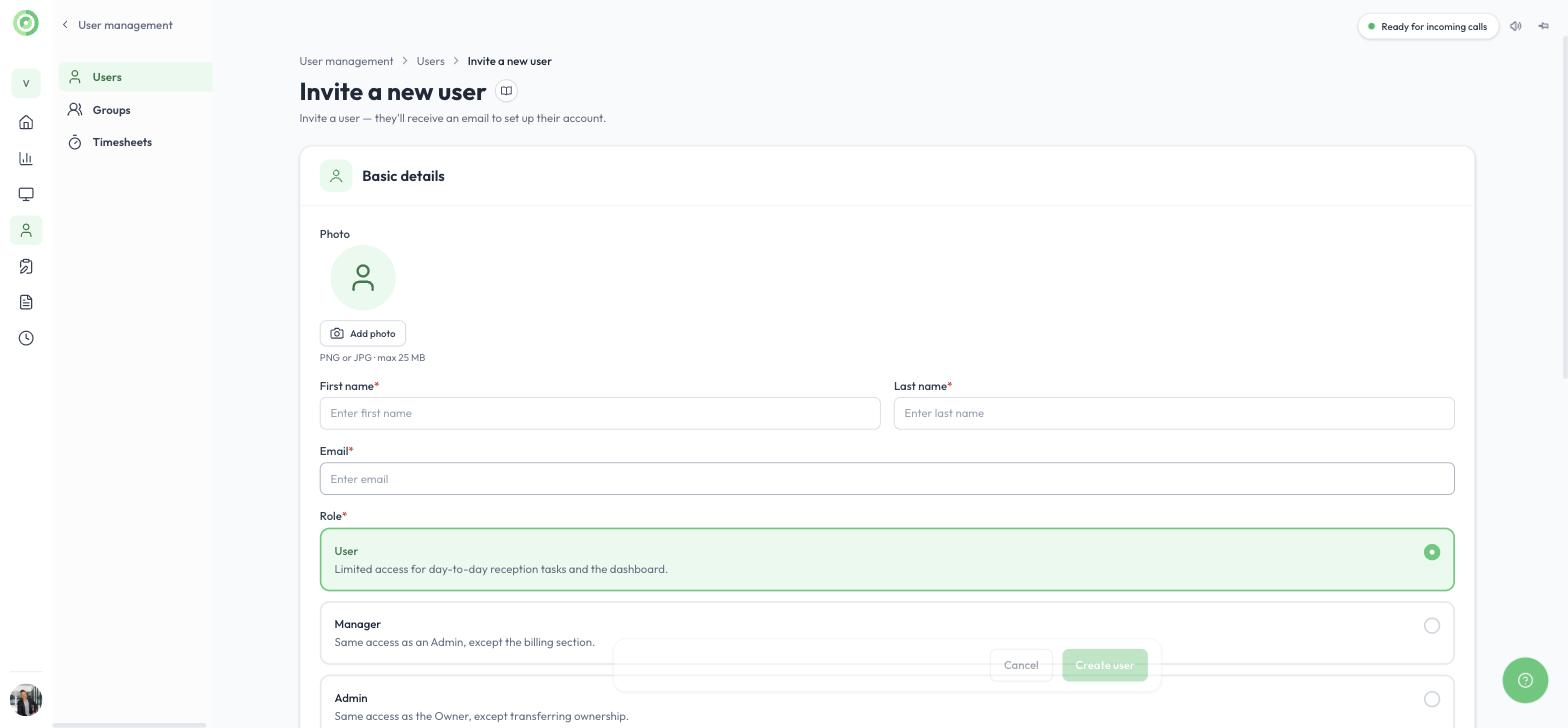 Inviting a new user and choosing a role