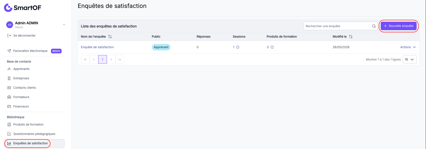 {À CAPTURER} — Page liste des modèles d'enquêtes de satisfaction dans le paramétrage
