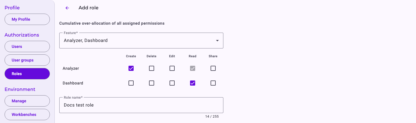 The page Add role: the features Analyzer and Dashboard selected, Analyzer with Create ticked and Read ticked automatically, Dashboard with Read, and the Role name Docs test role