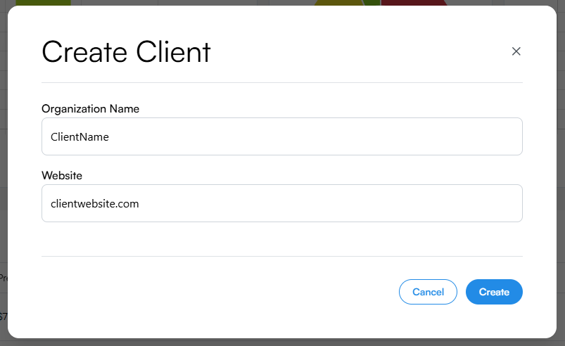 Create Client dialog with Organization Name and Website fields filled in.