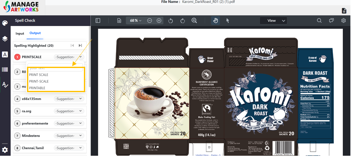 Automatic spellcheck for packaging artworks