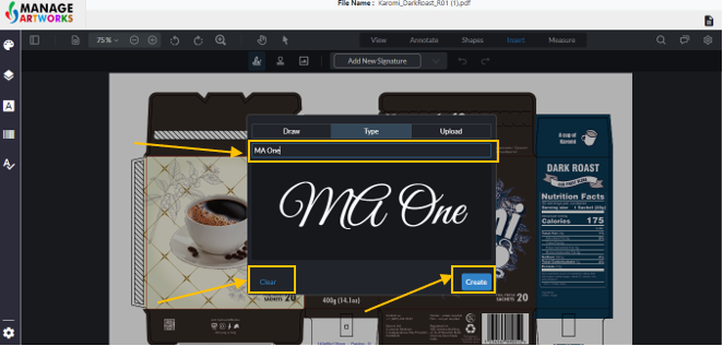Type your signature on the packaging artwork