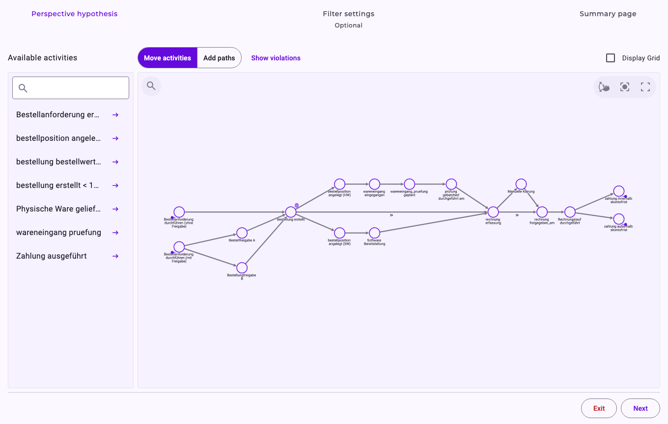The step Perspective hypothesis in the Builder for Purchase-to-Pay: the list of available activities on the left and the expected order as a graph, with two relationships marked as shortcuts