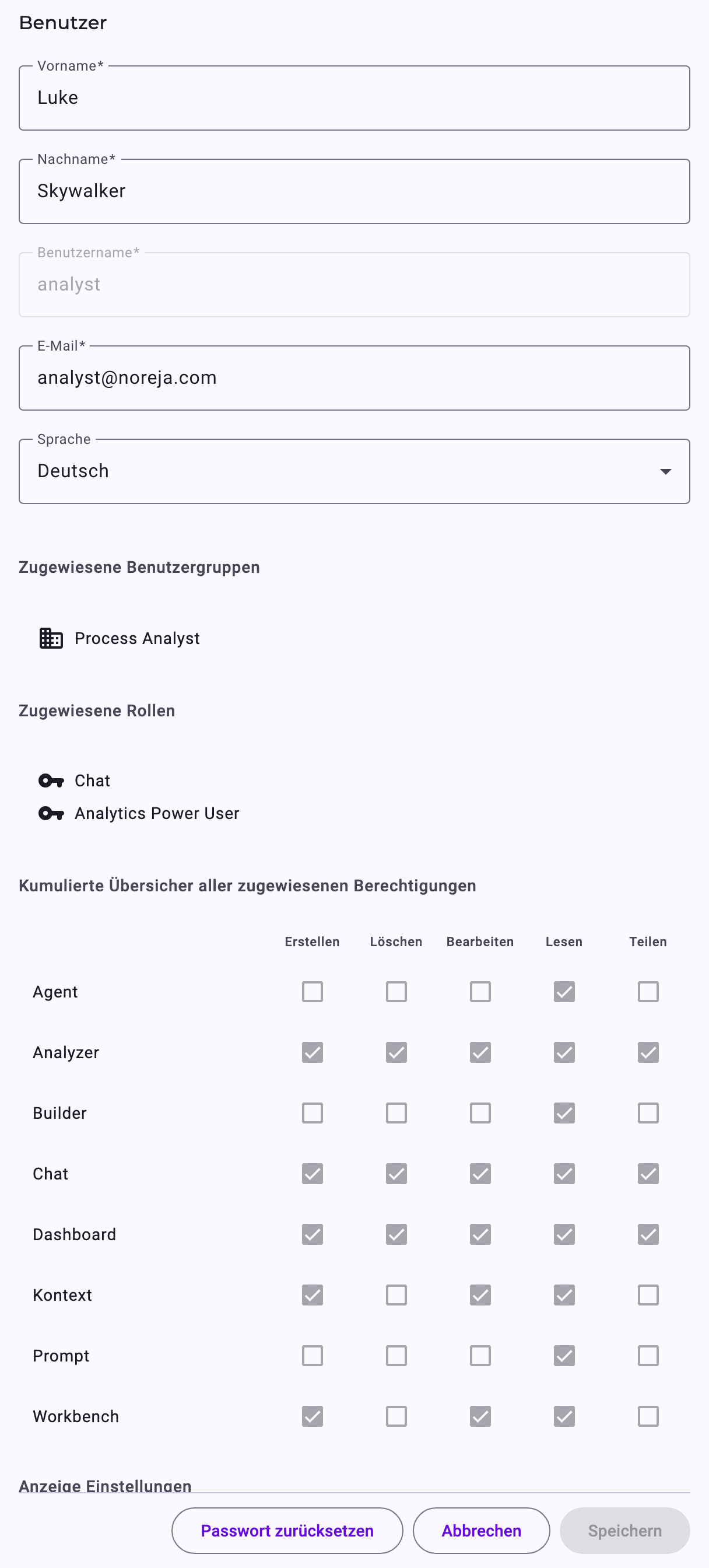 Mein Profil eines Prozessanalysten: Vorname, Nachname, Benutzername, E-Mail und Sprache; Zugewiesene Benutzergruppen mit Process Analyst; Zugewiesene Rollen mit Analytics Power User; die Tabelle der Funktionen und Aktionen; Anzeige Einstellungen mit Dark Mode; die Schaltflächen Passwort zurücksetzen, Abbrechen und Speichern