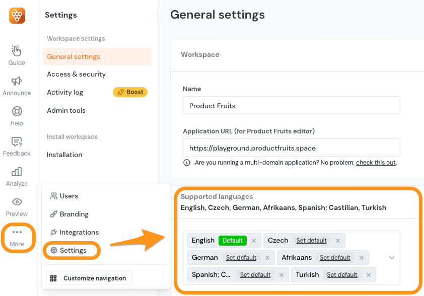 The Supported Languages section of the Product Fruits administration