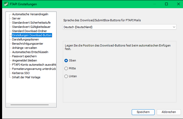Einstellungen für Download-Button: Sprache und Position