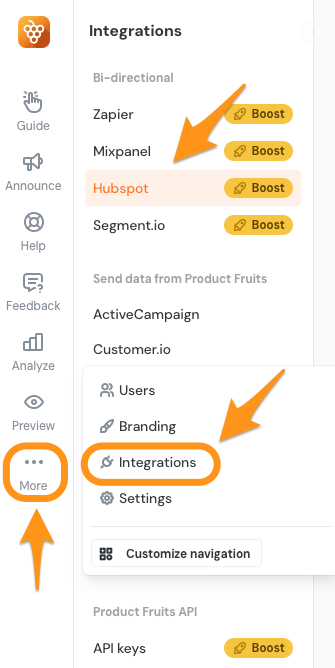 The Integrations page in the Product Fruits administration highlighting the HubSpot integration page