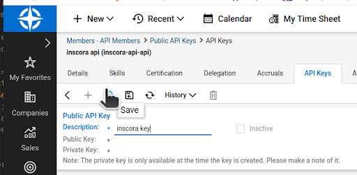 ConnectWise Public API Key form with a Description, the generated Public Key and Private Key, and a note that the private key is only available at creation time.
