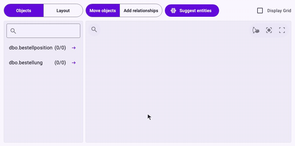 Animation: the table dbo.bestellung is dragged from the list onto the canvas and becomes an object, then the arrow next to dbo.bestellposition adds a second object in the top left corner of the canvas