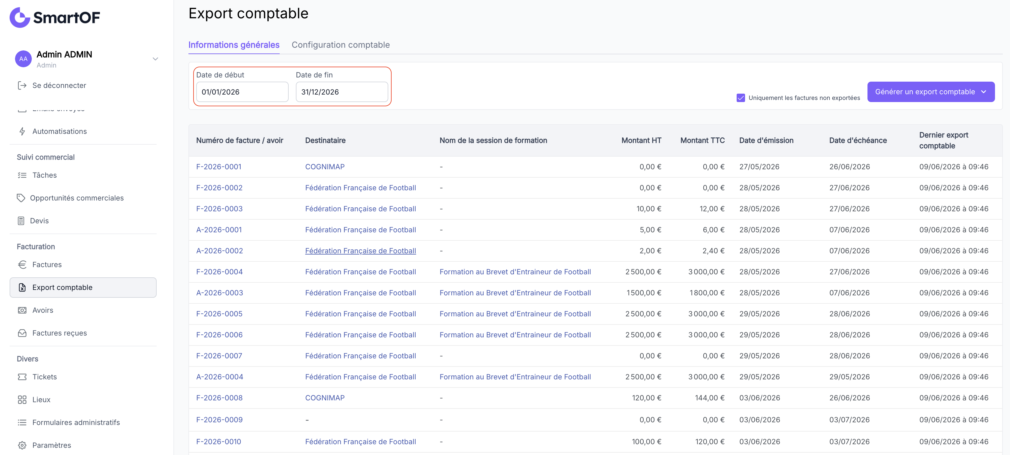 Champs Date de début et Date de fin sur la page Export comptable