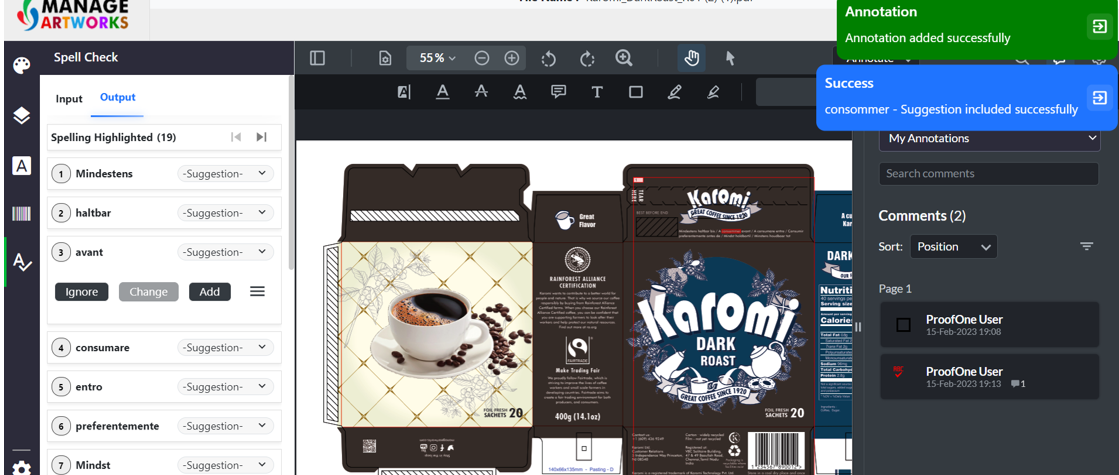 Manual spellcheck for packaging artworks